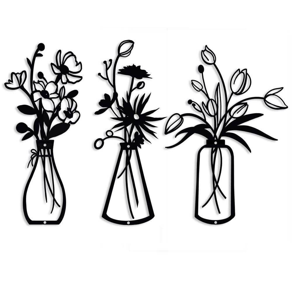 3 Pieces Black Metal Flower Wall Decor Minimalist Vases Rustic Farmhouse🐶
